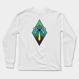 UFO Eye Art Deco Geometric Diamond Shape Dark Green Blue Sea Sky Space Illuminati Pyramid Long Sleeve T-Shirt